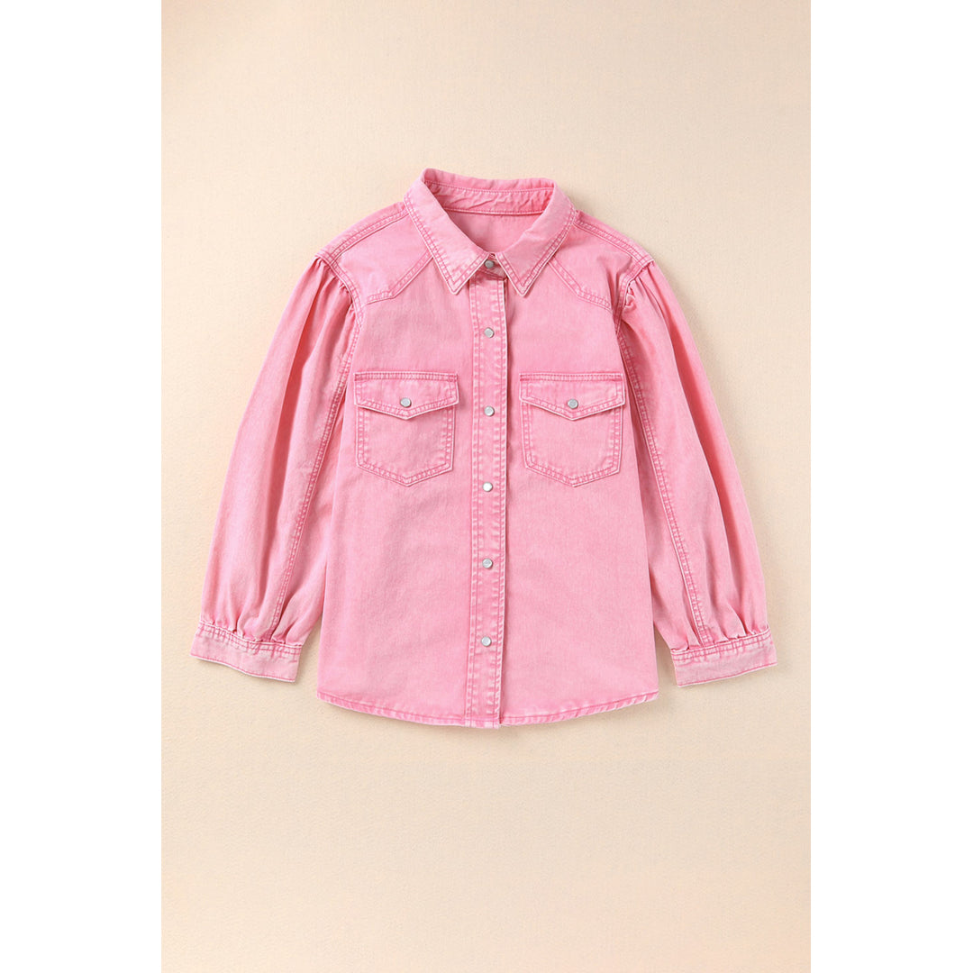 Womens Pink Acid Washed Snap Buttons Denim Shirt Image 9