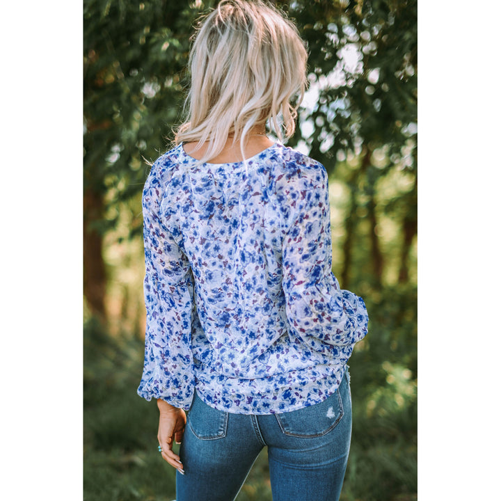 Womens Blue Floral Print V Neck Long Puff Sleeve Top Image 2