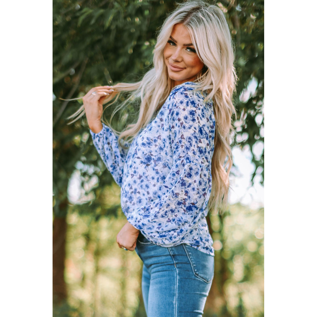 Womens Blue Floral Print V Neck Long Puff Sleeve Top Image 1
