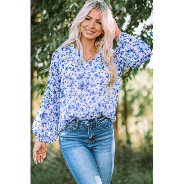 Womens Blue Floral Print V Neck Long Puff Sleeve Top Image 3
