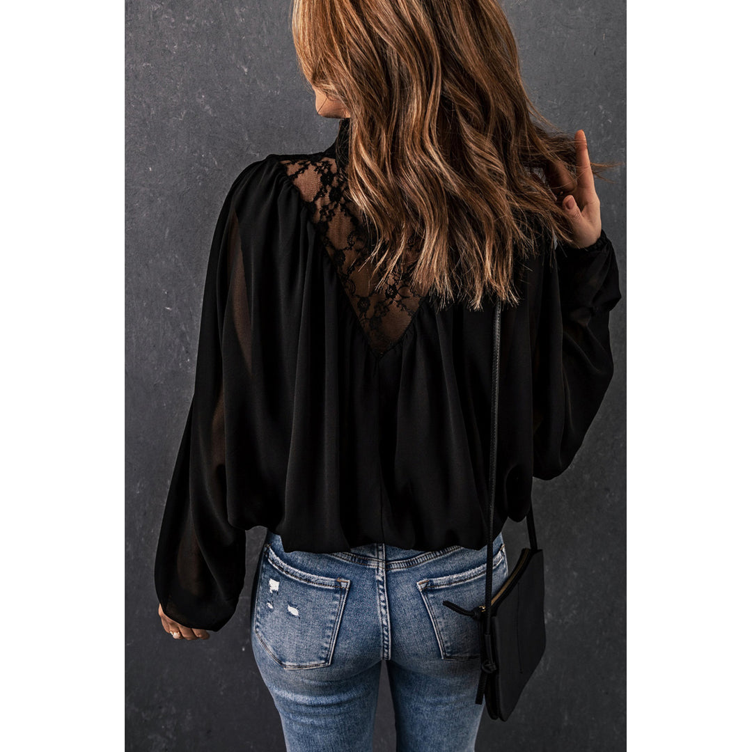 Womens Black Lace Contrast Sheer Frilled Neck Blouse Image 2