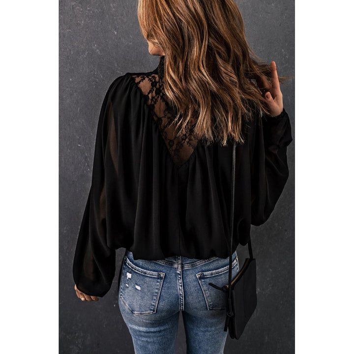 Womens Black Lace Contrast Sheer Frilled Neck Blouse Image 1