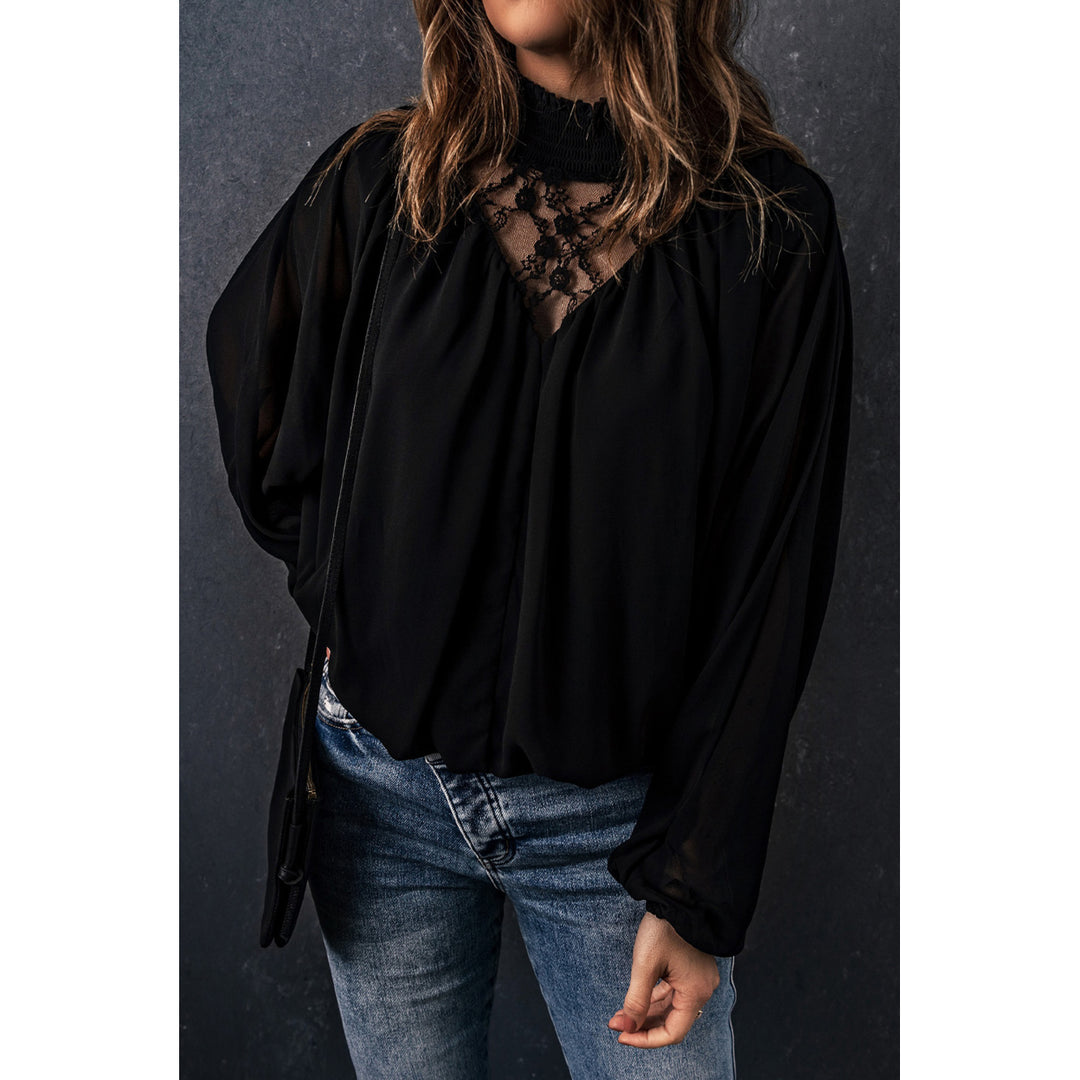 Womens Black Lace Contrast Sheer Frilled Neck Blouse Image 3