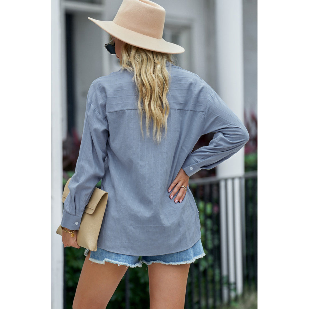 Women's Blue Textured Buttoned Pocket Long Sleeve Shirt Image 1