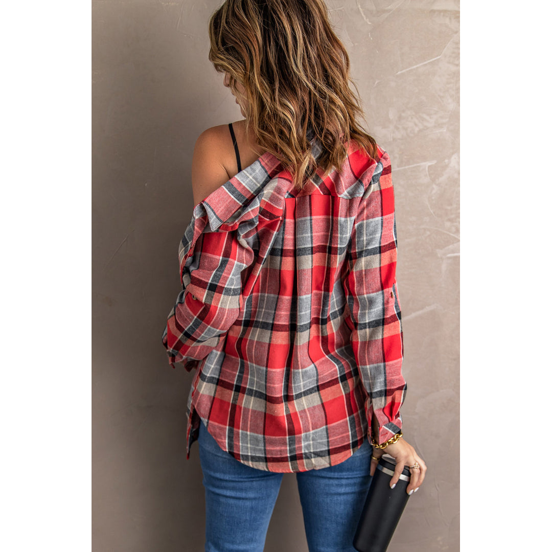 Women's Red Plaid Button Blouse with Pocket Image 2