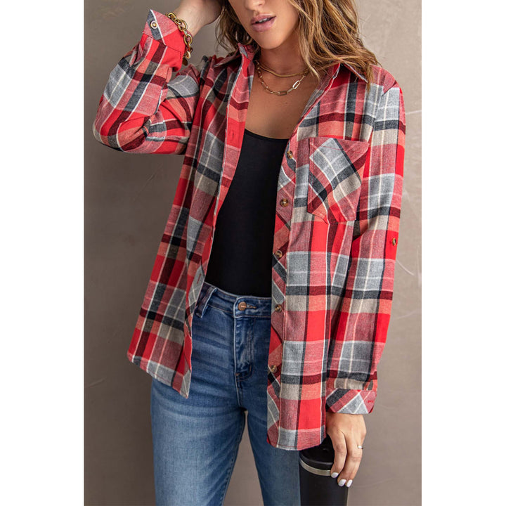 Women's Red Plaid Button Blouse with Pocket Image 1