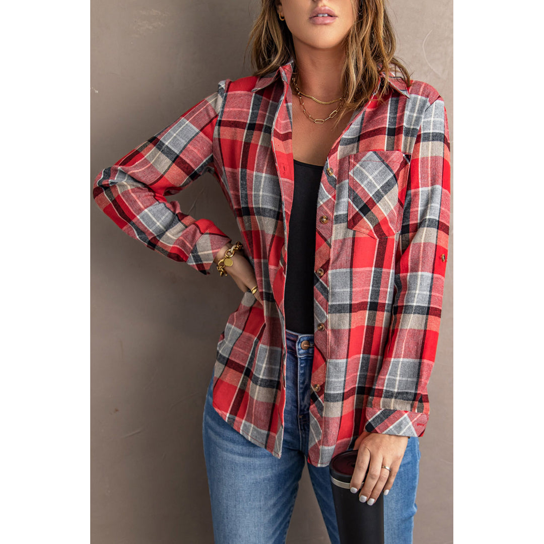 Women's Red Plaid Button Blouse with Pocket Image 3