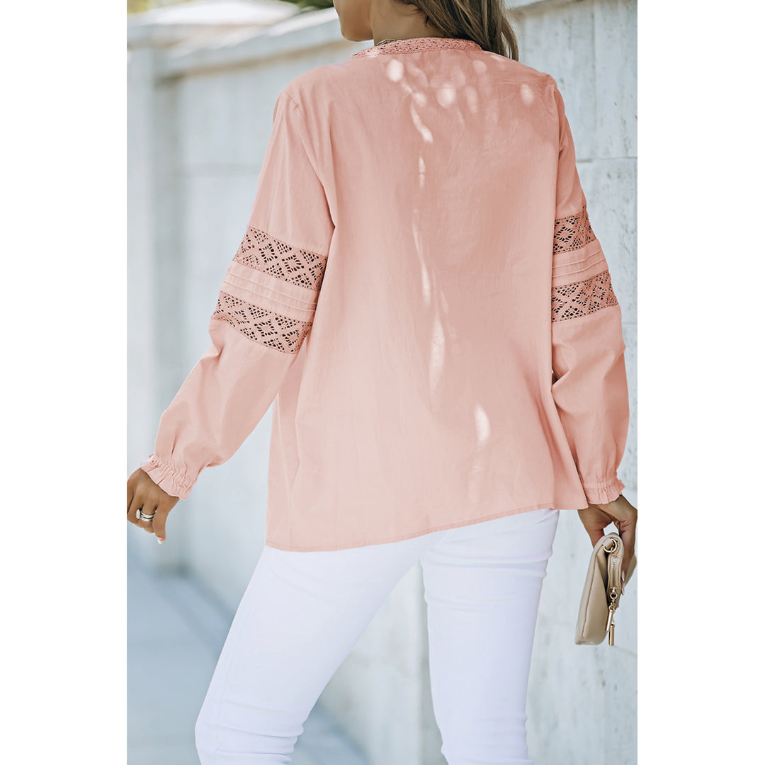 Womens Pink Lace Crochet Button-up Long Sleeve Shirt Image 2