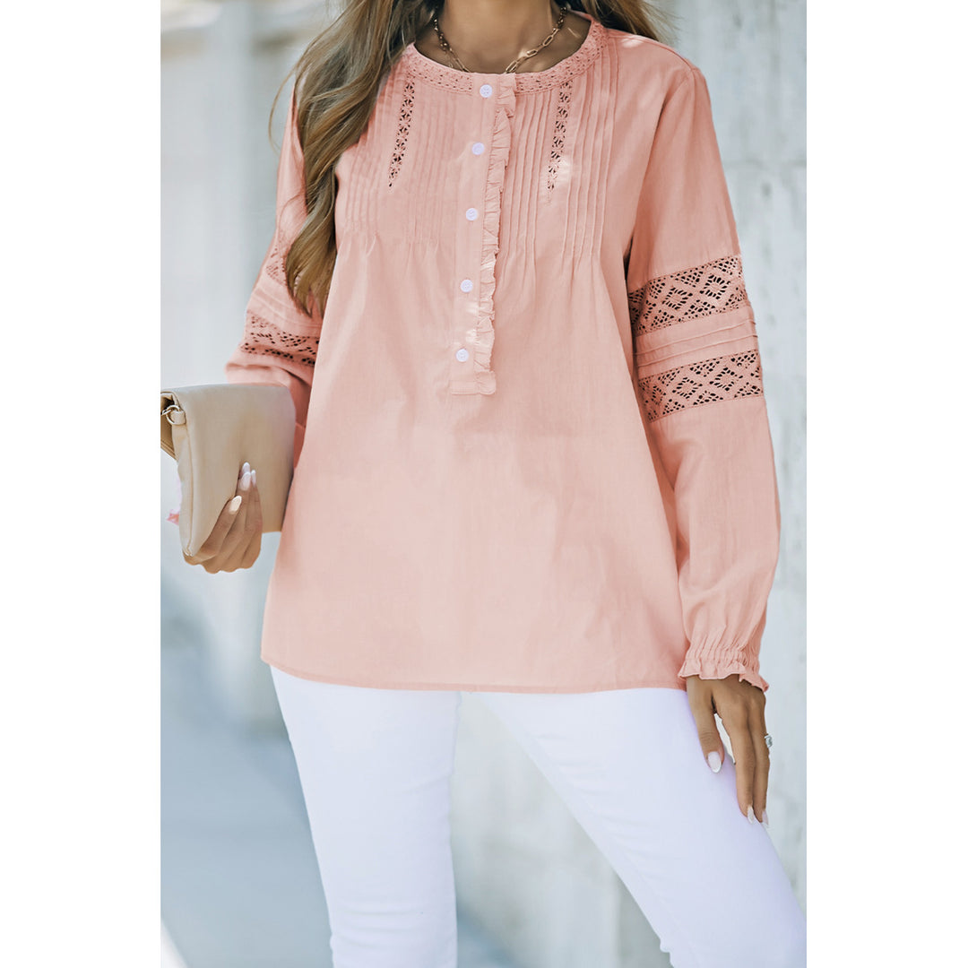 Womens Pink Lace Crochet Button-up Long Sleeve Shirt Image 1