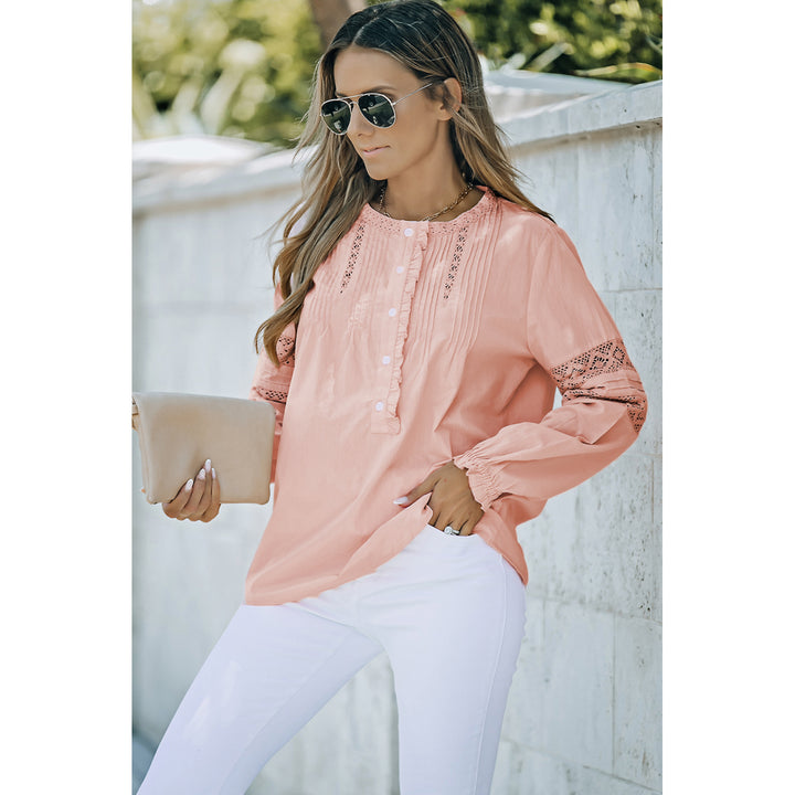 Womens Pink Lace Crochet Button-up Long Sleeve Shirt Image 3