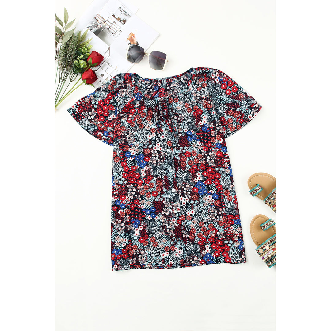Womens Multicolor Floral Print Buttons Tiered Ruffled Shot Sleeve Shirt Image 1
