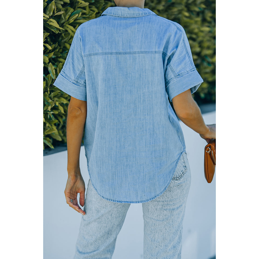 Womens Blue Turn-down Collar Short Sleeve Denim Shirt Image 2