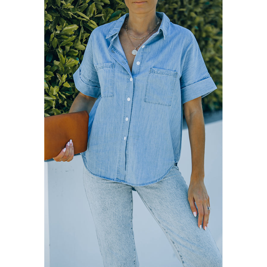 Womens Blue Turn-down Collar Short Sleeve Denim Shirt Image 1