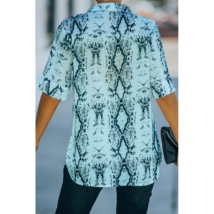Women's Blue Phython Print Short Sleeve Shirt Image 2