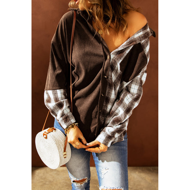 Womens Brown Plaid Color Block Button-up Oversize Corduroy Shirt Image 1