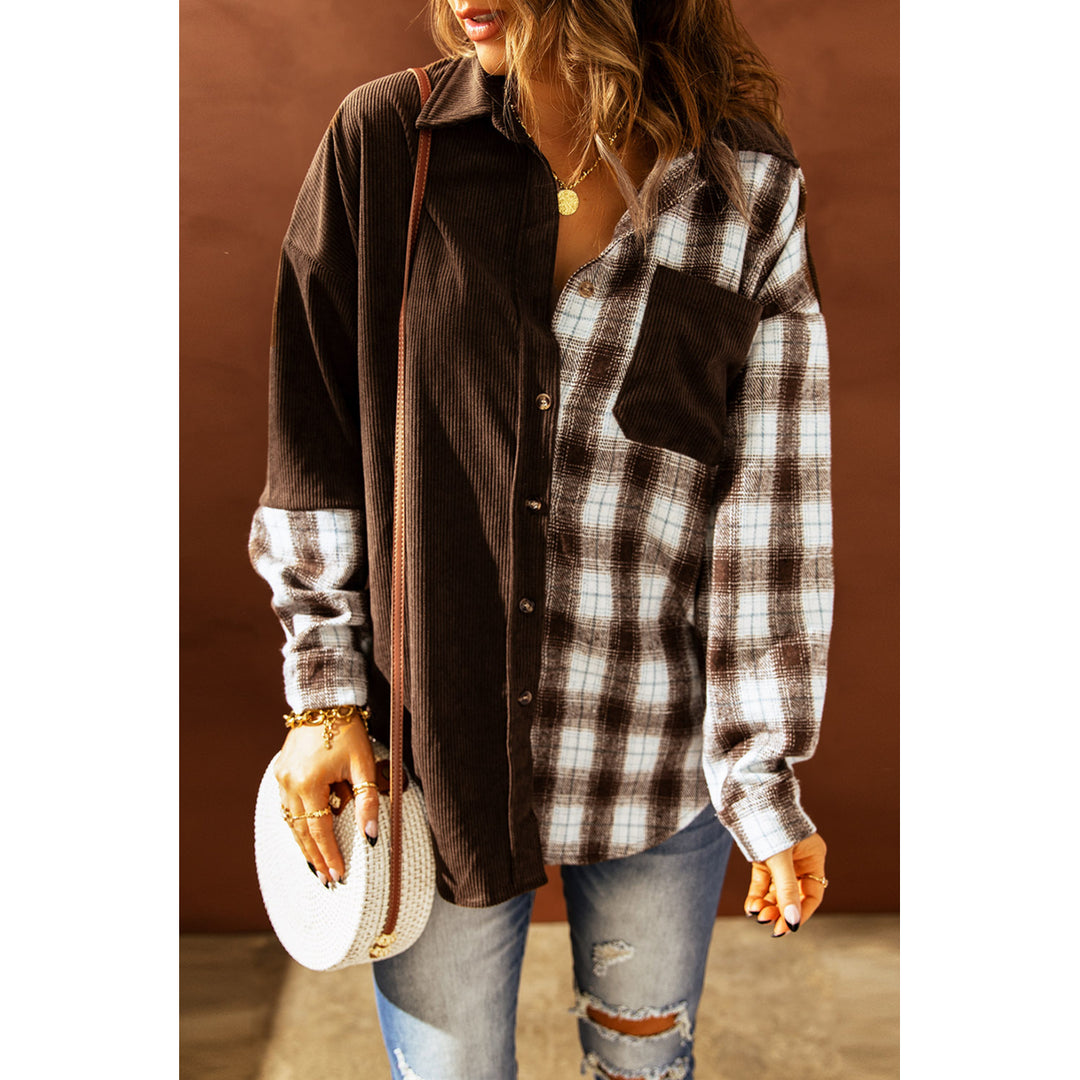 Womens Brown Plaid Color Block Button-up Oversize Corduroy Shirt Image 3