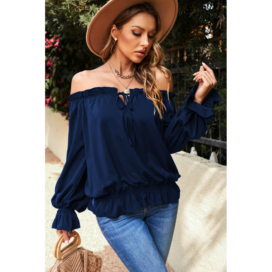 Women's Navy Off Shoulder Ruffled Puff Sleeve Blouse Image 1