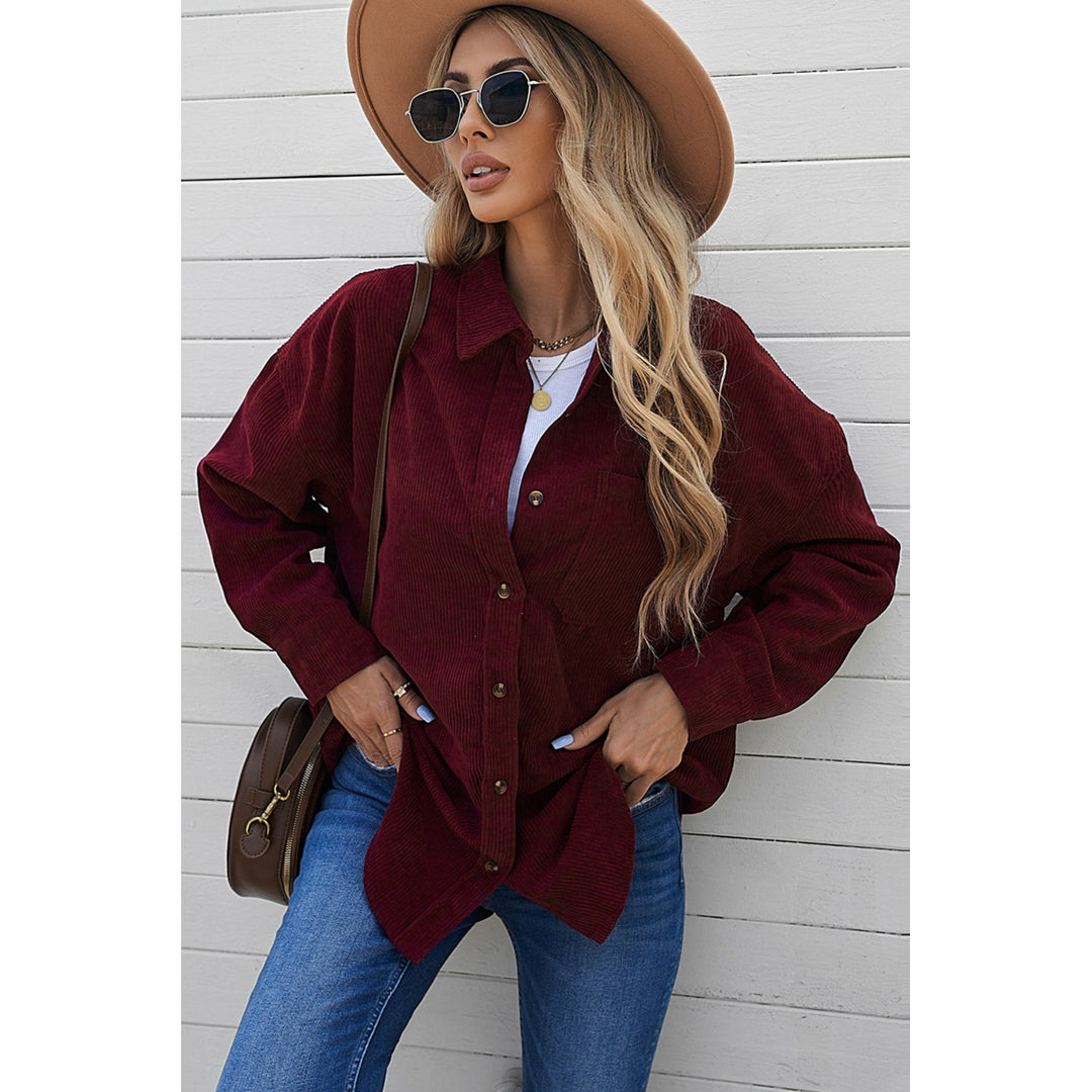 Womens Wine Red Corduroy Button Pocket Shirt Image 1