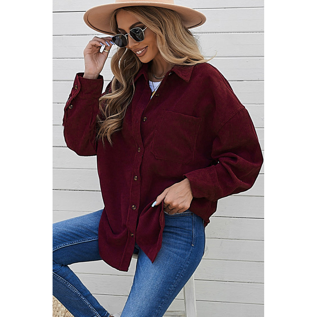Womens Wine Red Corduroy Button Pocket Shirt Image 2