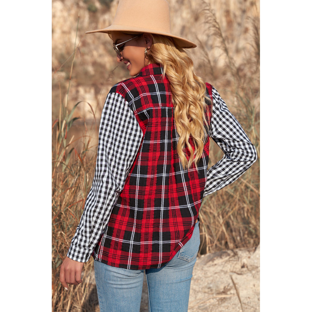 Women's Red Plaid Splicing Hit Color Pockets Turndown Collar Long Sleeve Shirt Image 2