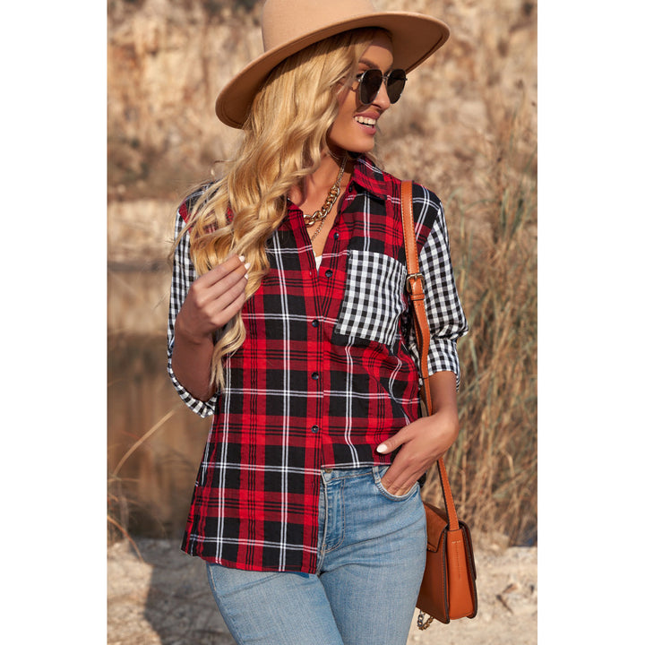 Women's Red Plaid Splicing Hit Color Pockets Turndown Collar Long Sleeve Shirt Image 1
