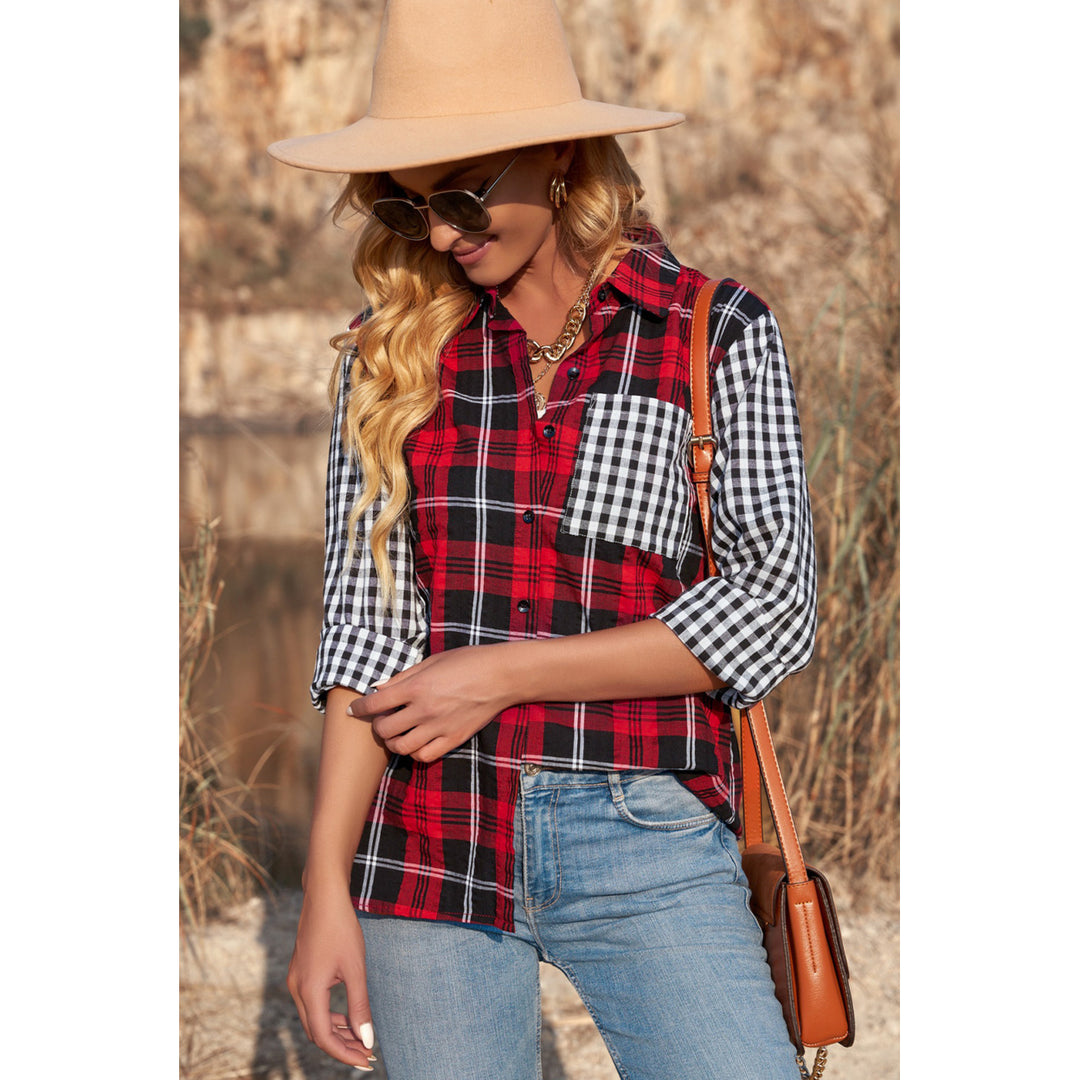 Women's Red Plaid Splicing Hit Color Pockets Turndown Collar Long Sleeve Shirt Image 3