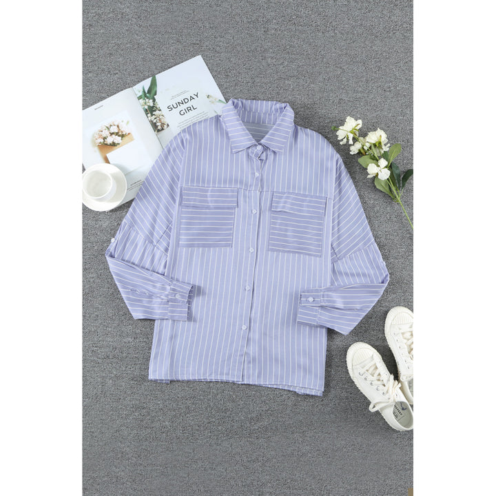 Womens Blue Striped Print Buttoned Shirt Image 1