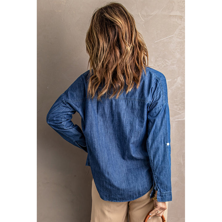 Women's Blue Turn Down Collar Buttoned Long Sleeve Denim Shirt Image 1