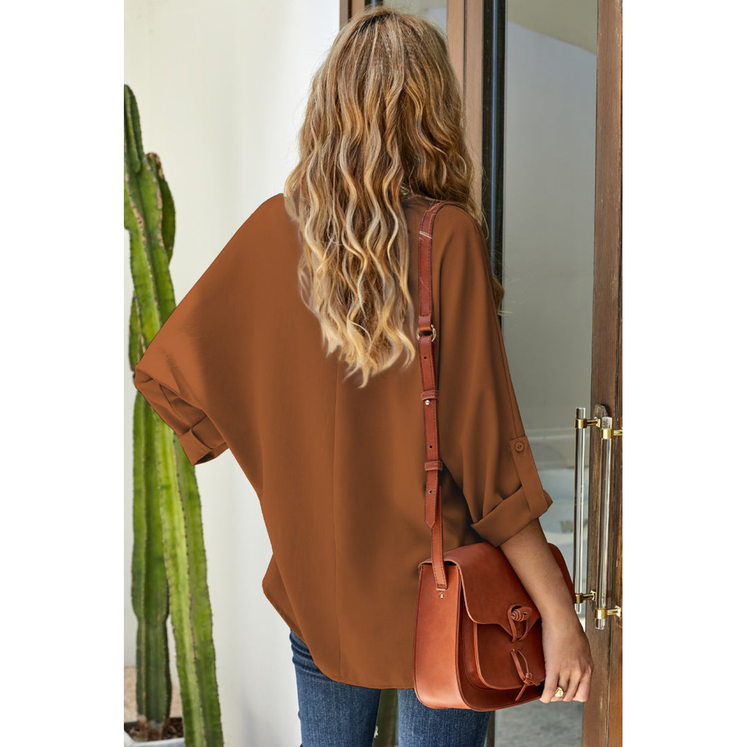 Women's Brown V Neck 3/4 Sleeve High Low Hem Shirt Image 2