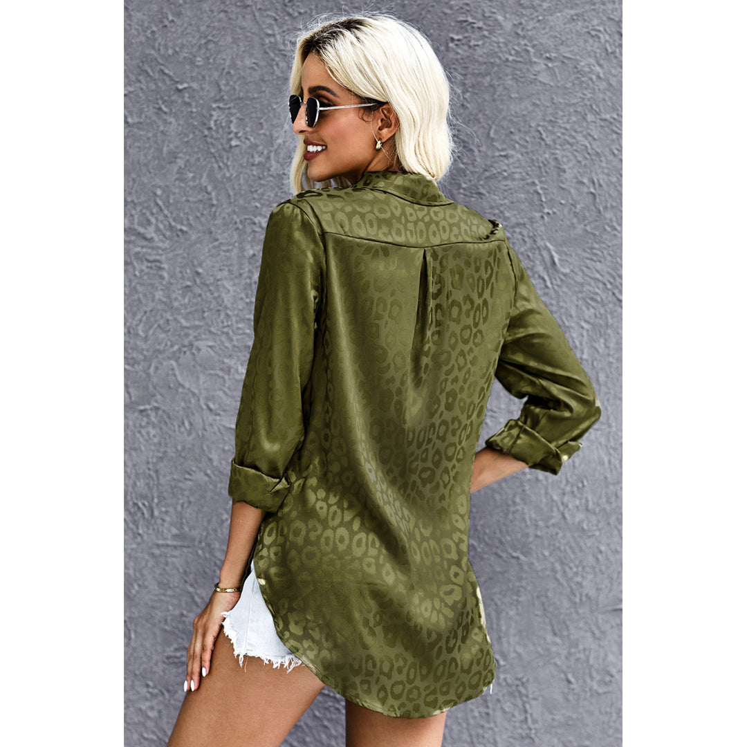 Womens Green Turn-down Collar Embossed Button Shirt Image 2
