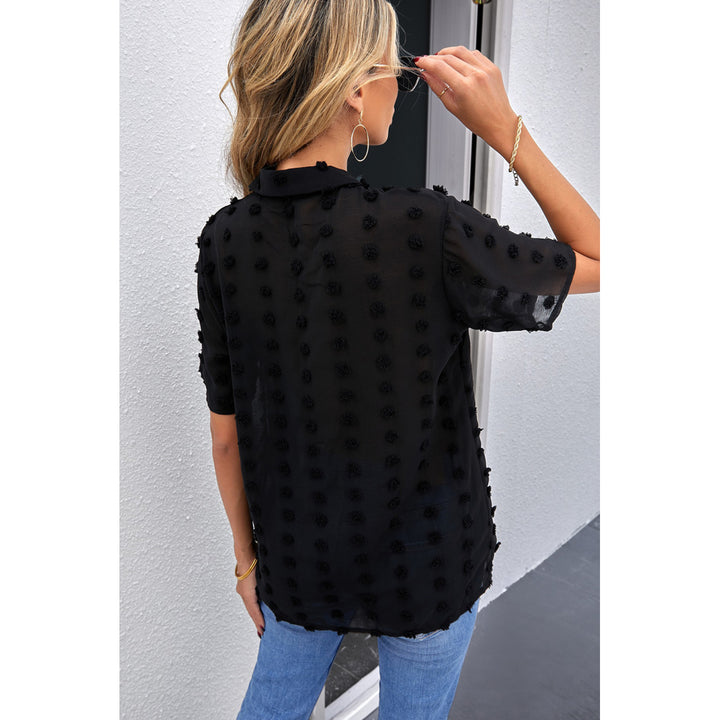 Women's Black Buttoned Swiss Dot Turn-down Collar Short Sleeve Shirt Image 1
