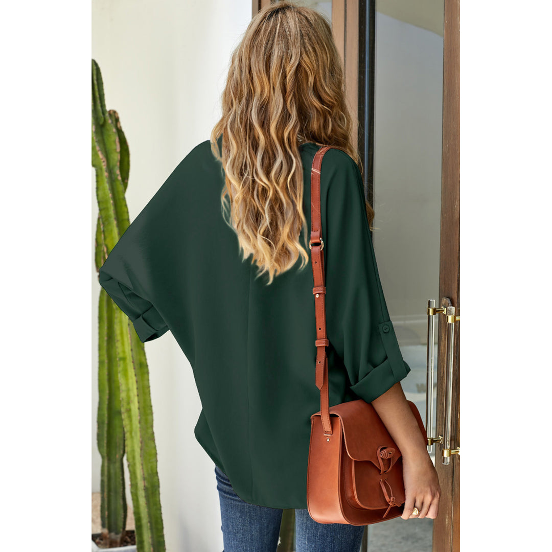 Women's Green V Neck 3/4 Sleeve High Low Hem Shirt Image 1