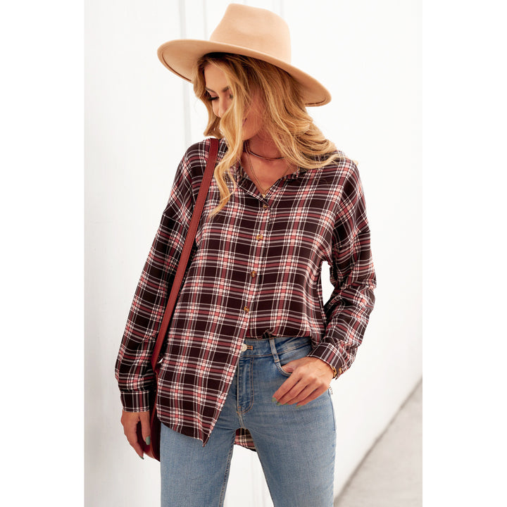 Womens Multicolor Relaxed Fit Plaid Button Shirt Image 3