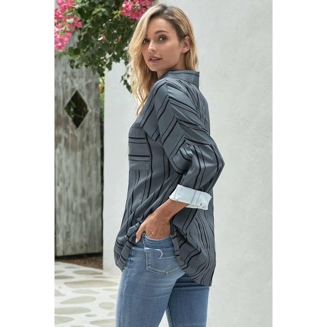 Women's Gray Striped Buttoned Down Blouse Image 1