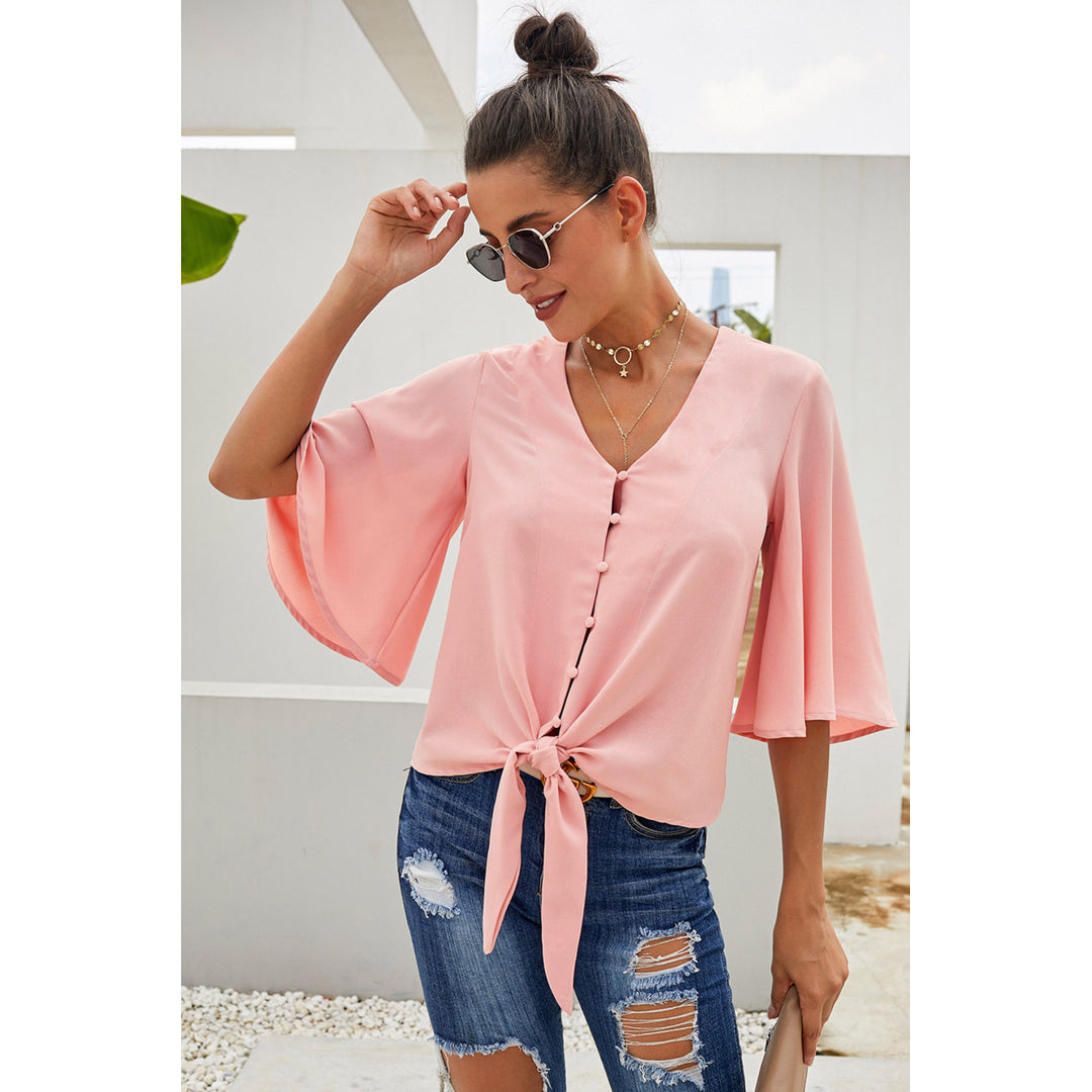Womens Pink Button Tie Top Image 1