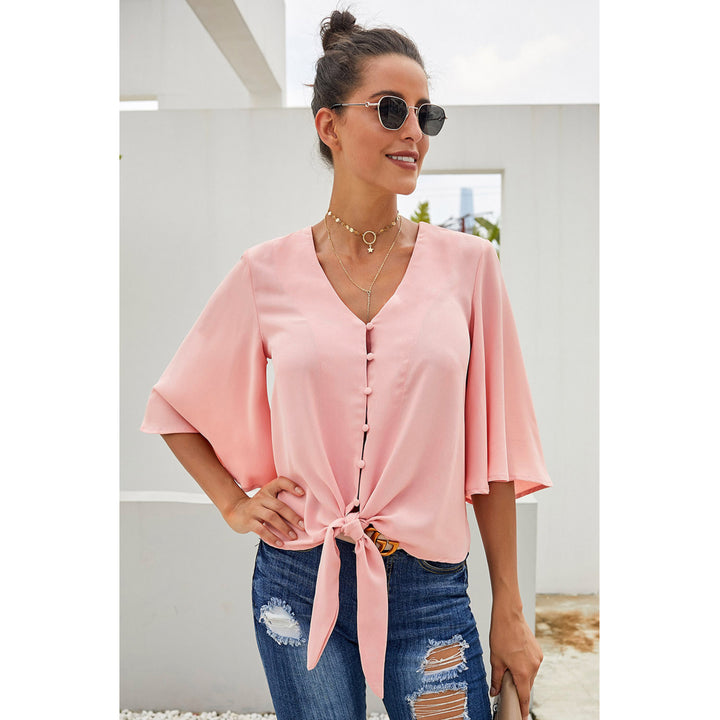 Womens Pink Button Tie Top Image 3