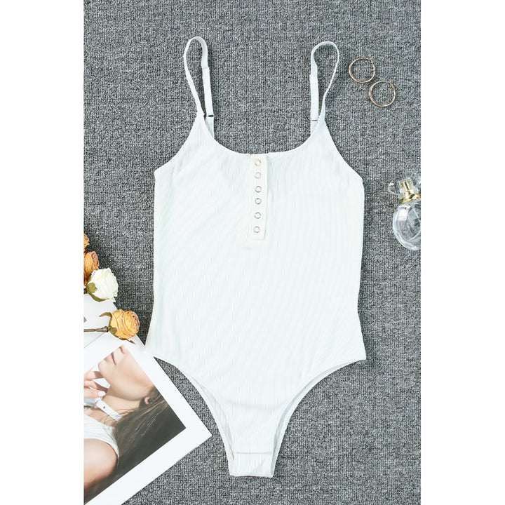 Womens White Ribbed Knit Button Notch Adjustable Straps Bodysuit Image 1