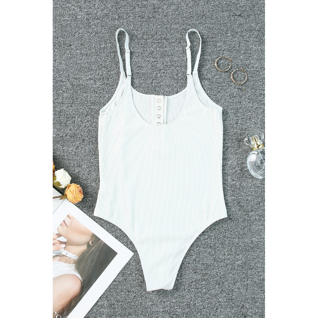 Womens White Ribbed Knit Button Notch Adjustable Straps Bodysuit Image 2