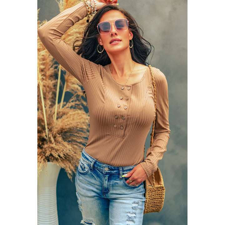 Womens Khaki Double Breasted Half Buttoned Long Sleeve Bodysuit Image 1