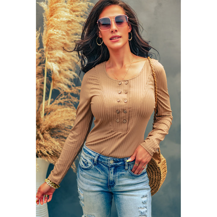 Womens Khaki Double Breasted Half Buttoned Long Sleeve Bodysuit Image 3