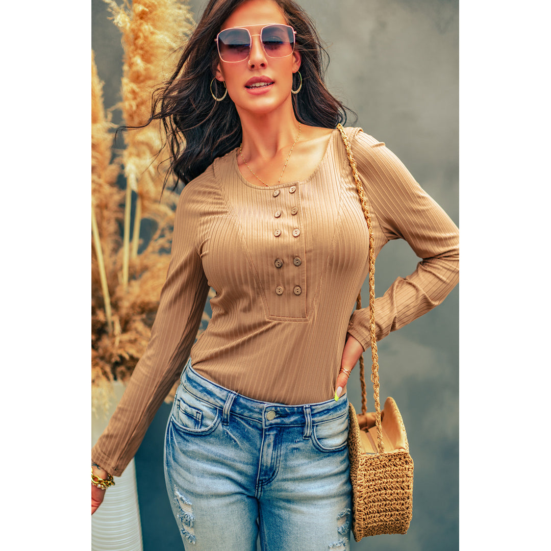 Womens Khaki Double Breasted Half Buttoned Long Sleeve Bodysuit Image 4