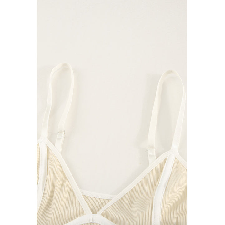 Womens Nude Patchwork Spaghetti Strap V Neck Bodysuit Image 8