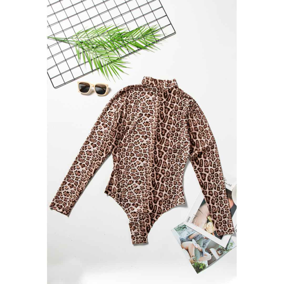 Womens Leopard Print Sheer Mesh Long Sleeves Bodysuit Image 8
