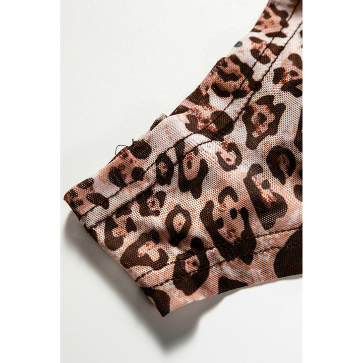 Womens Leopard Print Sheer Mesh Long Sleeves Bodysuit Image 9