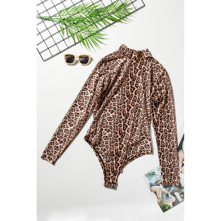 Womens Leopard Print Sheer Mesh Long Sleeves Bodysuit Image 10