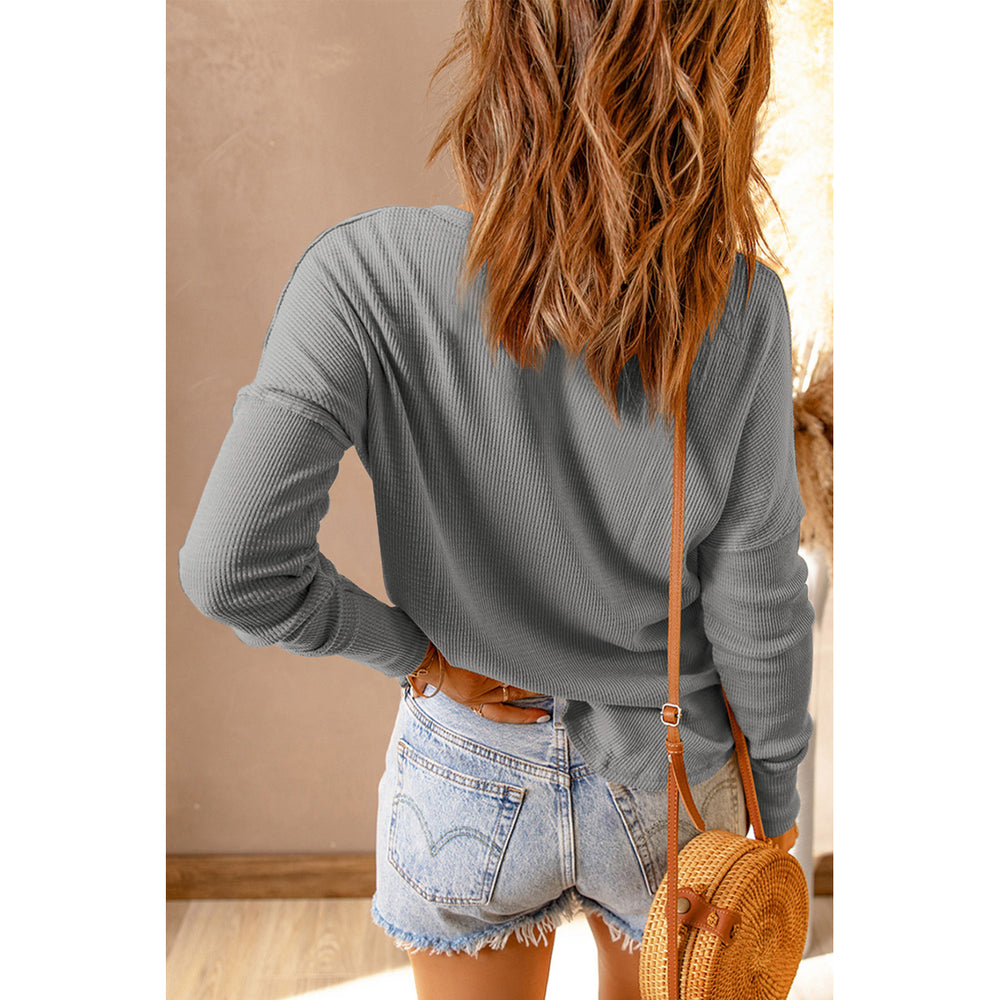 Womens Gray Waffle Knit Henley Top Image 2