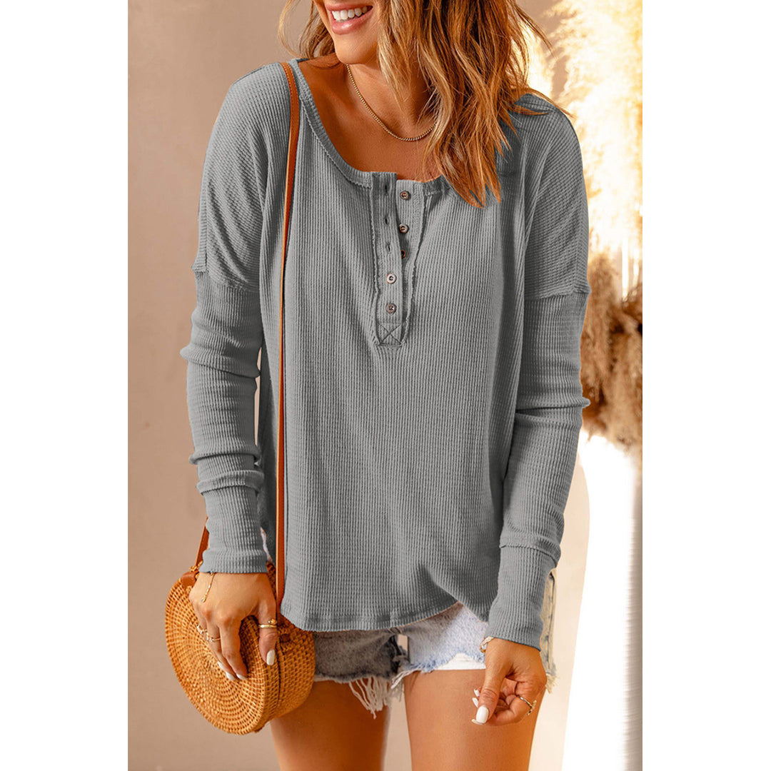 Womens Gray Waffle Knit Henley Top Image 3