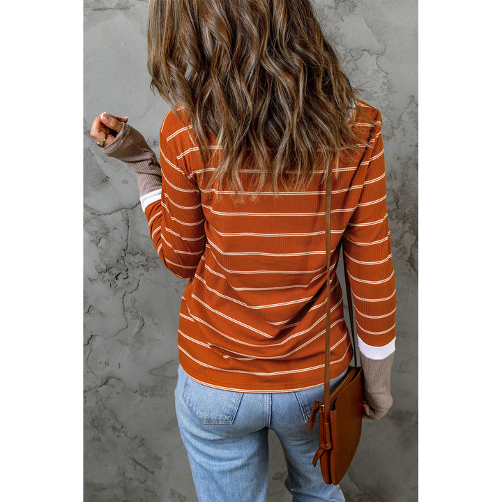 Women's Brown Extend Color Block Cuffs Rib Knit Striped Pullover Image 1