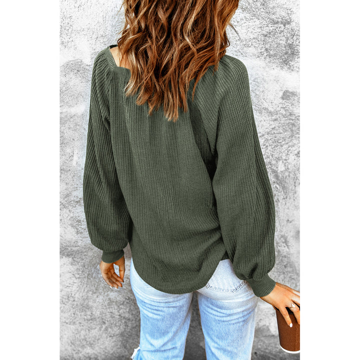 Womens Green Scoop Neck Puff Sleeve Waffle Knit Top Image 2