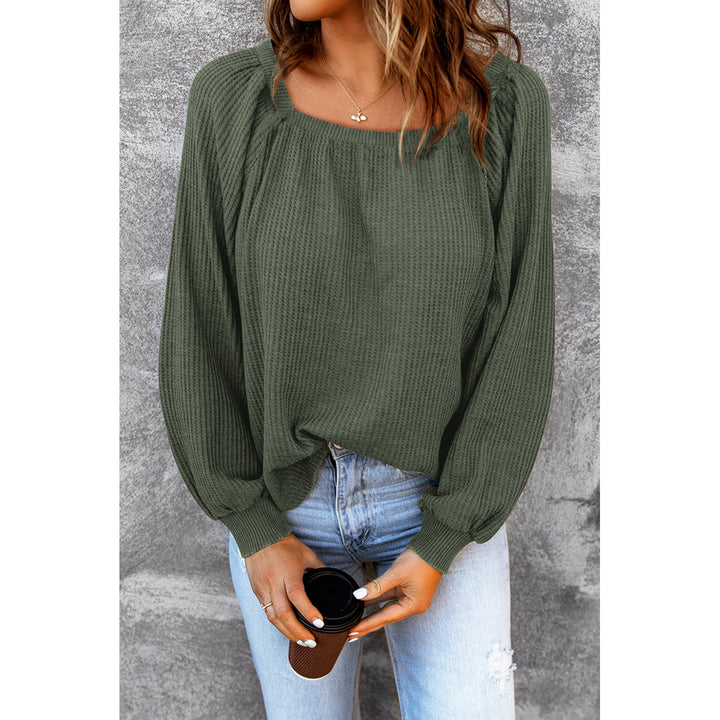 Womens Green Scoop Neck Puff Sleeve Waffle Knit Top Image 1